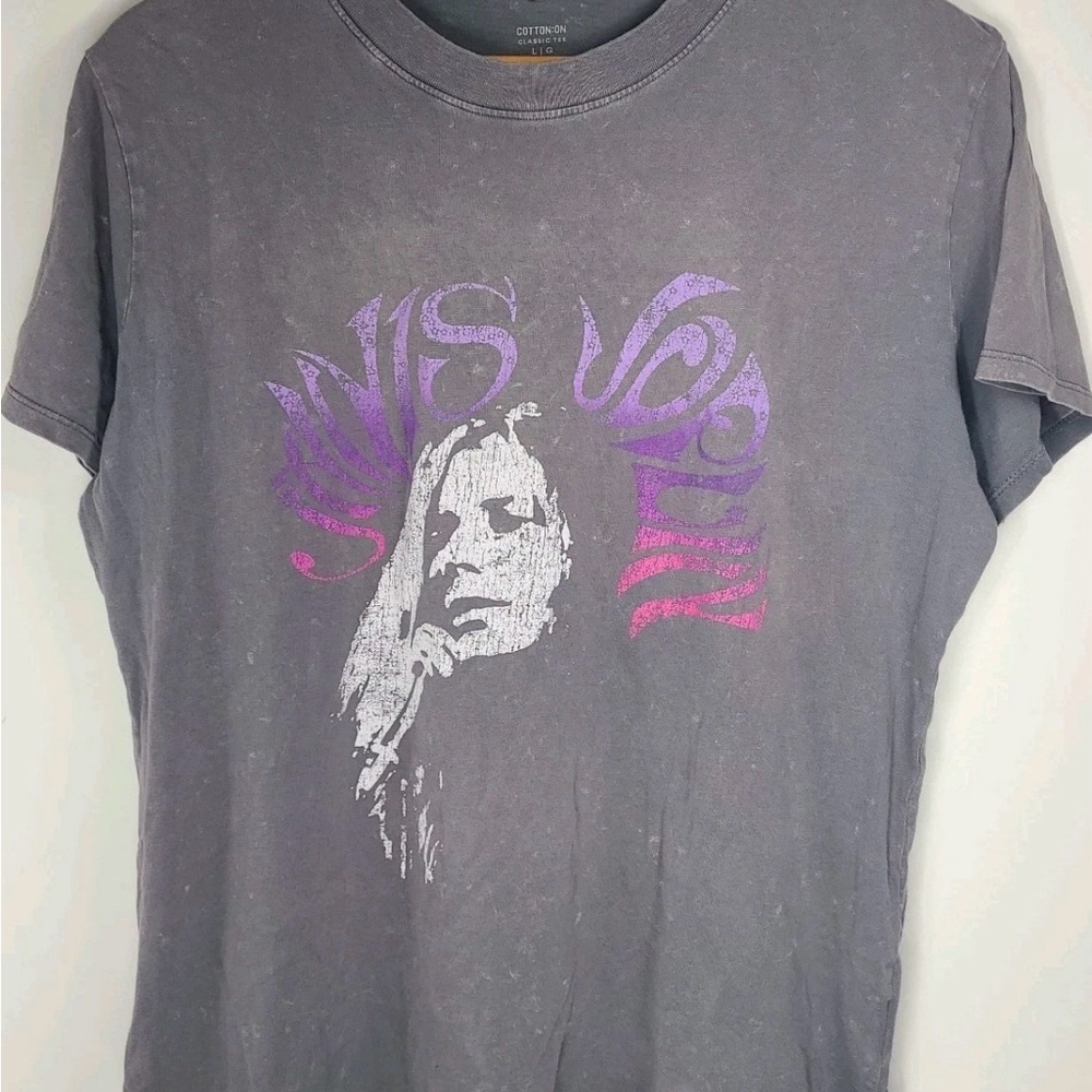 Janis Joplin Graphic T-Shirt Women's Size Large Gray Distressed Rock Band Tee